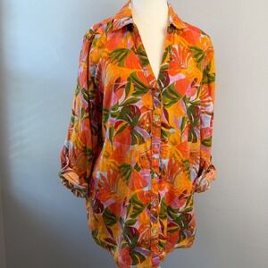 C&C California Large 100% Linen Tropical Palm Print Button Down Shirt Orange